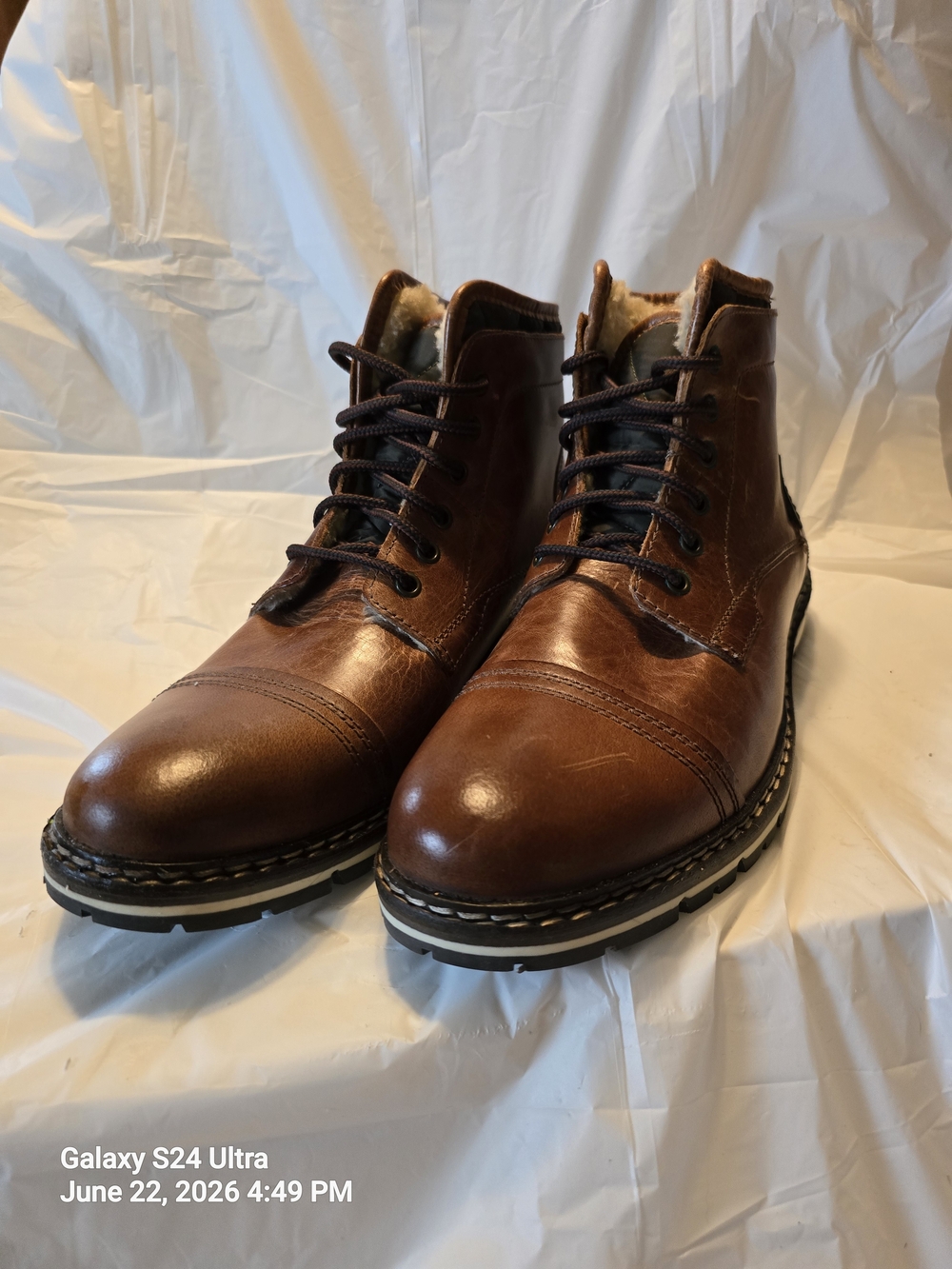 Franco Fortini Blake Men's Brown Leather Cap Toe Winter Boot Faux Fur Lined 11.5